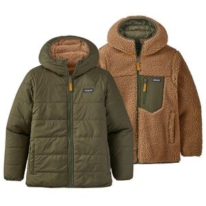 Patagonia Reversible Ready Freddy Hooded Jacket in Olive Green & Tan Fleece